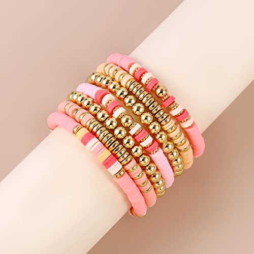 Elegance 11 designs Heishi Beaded Bracelets For Women Polymer Clay Colorful Surfer Stackable Beads Boho Bracelet Summer Beach Jewelry - color: Pink