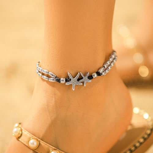Beaded Anklets Bracelets Boho Handmade Turtle Starfish Whelk Shell Tree of Life String Ankle Bracelet Summer Beach Waterproof Barefoot Sandals Foot Jewelry for Women - color: Black