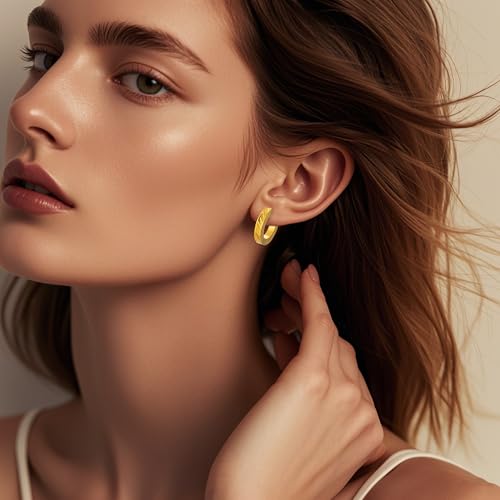 Stainless Steel Hoop Earrings for Women Gold Tone Geometric, Huggie Heart Twisted Minimalist Engraved Designs for Daily Wear - color: Gold02_13mm*14mm