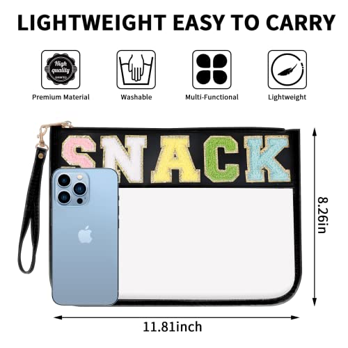 Iqimott Chenille Letter Clear Bag Snack Pouch, Monogram PVC & PU Makeup Cosmetic Bag Zipper Toiletry Pouch, Waterproof Portable Purse Travel Beach Snack Wristlet Bags for Women Girls(Snack, Black) - color: Snack-Black