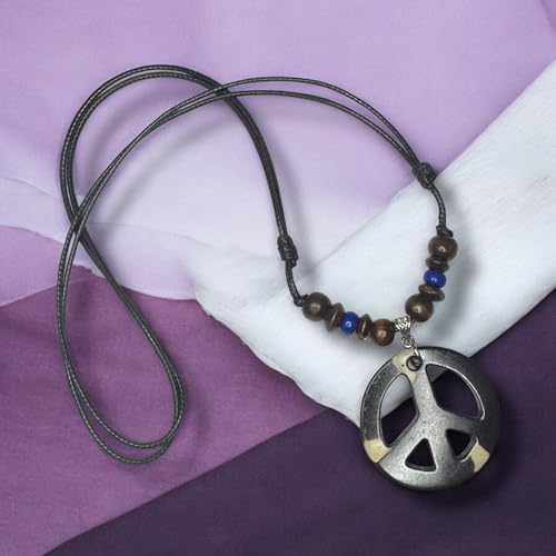 LAVIP Peace Sign Pendant Necklace, Black Cord with Wooden Beads, Boho Style - color: Black-1