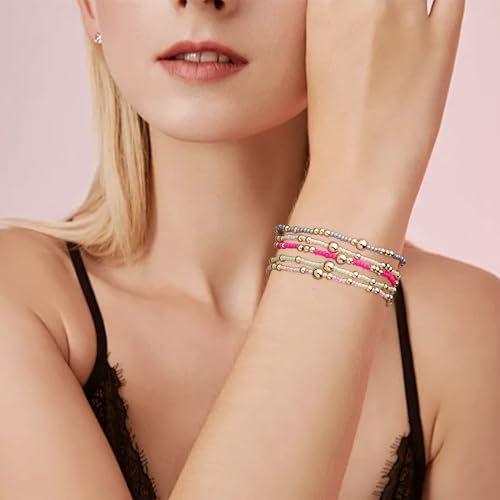 Gold Beaded Stackable Friendship Bracelets Set for Women, Handmade Boho Stretch Summer Jewelry Gift. - color: gold green gray fuchsia pink yellow beige