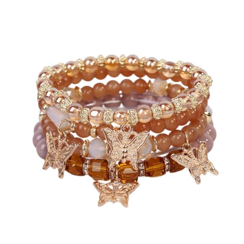 LOTSOF Boho Flower Beaded Bracelet Set for Women - Multilayer Crystal & Flower Charm Stackable Bracelets, Fashion Jewelry Gift for Her - color: Coffee Butterfly