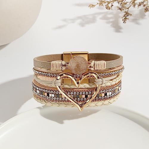 Womens Multi Layer Heart Leather Wrap Bracelet Boho Stackable Cuff Bangle Magnetic Clasp Crystal Birthday Valentine Gift - color: Khaki