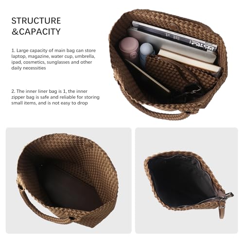 Woven Bag for Women, Large Neoprene Tote Bag Summer Beach Handbag Purse Retro Handmade Travel Shoulder Bag Set - color: Coffee