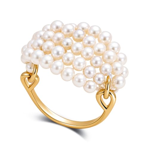 ZFAIRY 18K Gold Natural Freshwater Pearl Ring, Multi-Layer Baroque Rice Pearl Design, Hand-Woven Adjustable Statement Ring for Men and Women