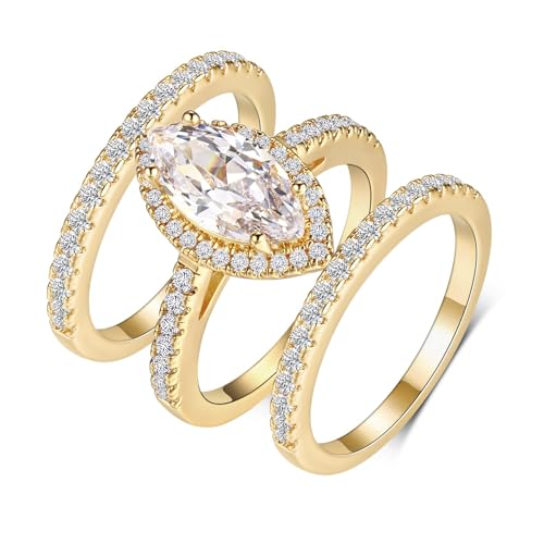 MDFUN Three in One Round/Oval/Eye/Teardrop Halo Wedding Bands Set Engagement Rings 18K Yellow Gold Plated Cubic Zirconia Promise Eternity Band for Women Size 5-10 - style: Eye