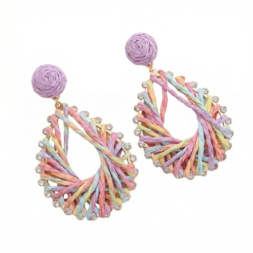 Woven Raffia Rattan Earrings for Women, Boho Flower Hoop & Drop Dangle Earrings Collection, Handmade Summer Beach Vacation Statement Earrings for Party Daily Wear - color: Rainbow Woven Hoop