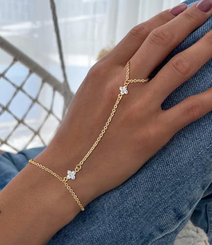 Gold Bracelets for Women Trendy, Dainty Gold Hand Chain Bracelets Stackable 14k Gold Plated Finger Ring Bracelet Hand Chain Cz Flower Layered Link Bracelets for Women Non Tarnish Jewelry Gifts - style: cz flower hand chain bracelet-gold