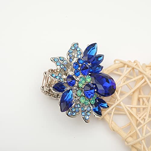 CSY Luxury Women's Austrian Crystal Leaves Flower Big Cocktail Statement Rings Stretch Adjustable Ring Jewelry Accessories - color: 01 royal blue
