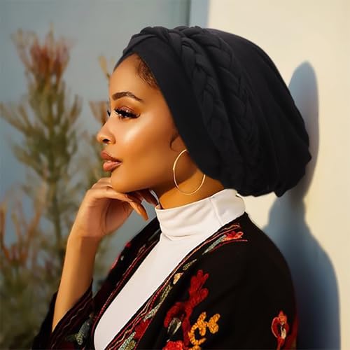 African Women Turban Caps Pre-Tied Twisted Turbans Head Scarf for Women Hair Wraps Cover Beanie Cancer Chemo Headwear - color: 1 Pack Double Twisted Braid: Black