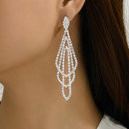 Sparkly Silver Crystal Dangly Earrings for Women Trendy, Statement Cubic Zirconia Drop Dangle Earring Long Rhinestone Tassel Party Prom Ear Jewelry Gift - color: Silver