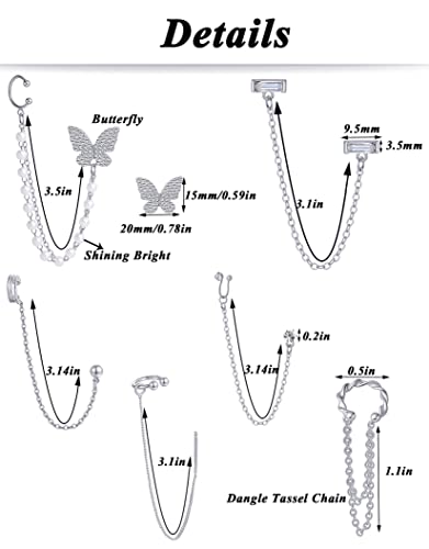 Tornito 6-12Pcs Cuff Earring Chain Leaf Snowflake Star Butterfly with CZ Crawler Climber Earring Studs Drop Dangling Chain Wrap Tassel Earring for Women Men 20G Silver Gold Tone - color: D: Silver Tone
