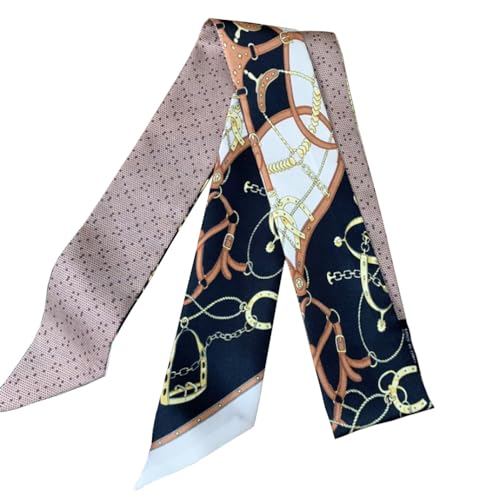 JERLA 100% Mulberry silk Scarf bag scarf Head Hair Ribbon Handbag Handle wrap Tie Bundle Neckerchief Scarf for women - color: Chain Saddle Black