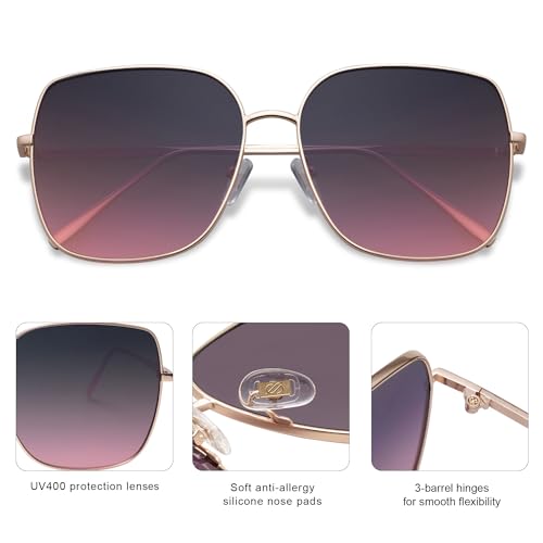 SOJOS Trendy Oversized Square Metal Frame Sunglasses for Women Men Retro Big Flat Lens UV Protection Sunglasses SJ1146 - color: Gold/Gradient Greyish-purple