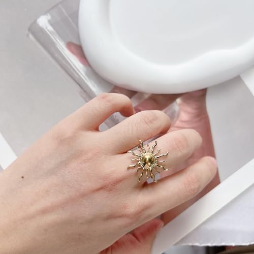 Vintage Sun Wrap Band Statement Ring for Women Men Stainless Steel Gold Unique Adjustable Large Sunburst Knuckle Thumb Finger Open Rings Boho Delicate Jewelry for Her