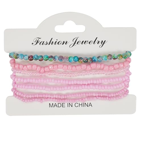 Caiyao Bohemian Multilayer Stackable Seed Beaded Bracelets Colorful Crystal Glass Beads Strand Bangle Bracelet BFF Wristbands Bracelet for Women Summer Beach Hawaii Jewelry Birthday Gifts - color: Pink 5