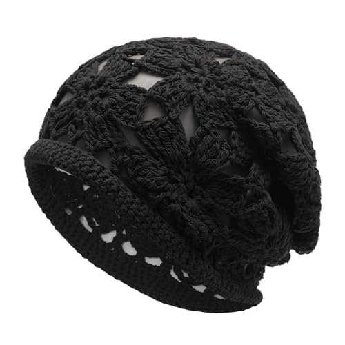 ZLYC Women Cotton Crochet Slouchy Beanie Hat Handmade Knit Summer Skull Cap - color: Crochet Black