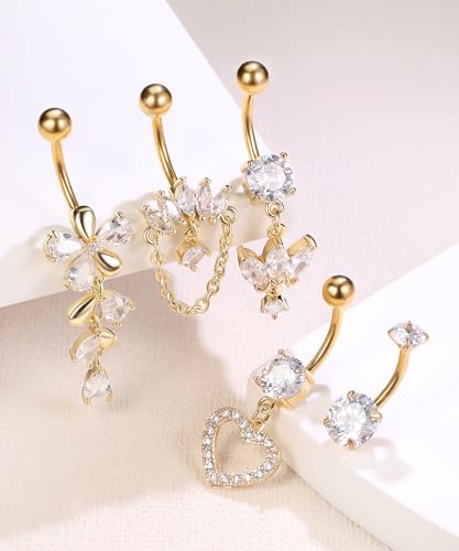 Shakalaka Dangle Belly Button Rings Piercing Jewelry for Women Surgical Stainless Steel Navel Dangly - color: Gold