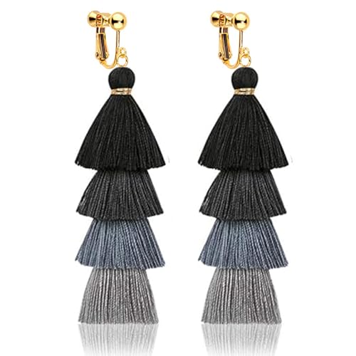 Clip on Earrings, Lightweight Colorful Layered Tassel Bohemian Statement Tiered Big Dangle Drop Earrings for Women, Non Pierced, Boho Jewelry - color: Black