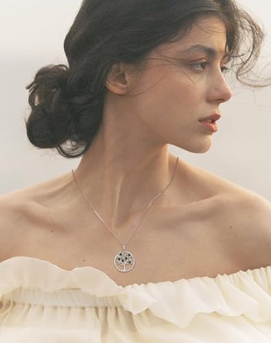 Tree of Life Necklace for Women - Solid 925 Sterling Silver 18K White Gold Plated Birthstone Pendant Jewelry - color: 08-Aug_Peridot