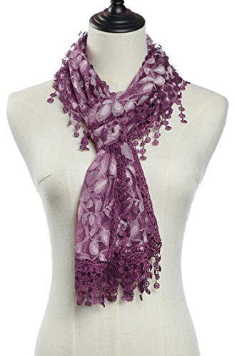 Cindy & Wendy Lightweight Soft Leaf Lace Fringe Scarf Bridal Shawl for Women - color: Purple