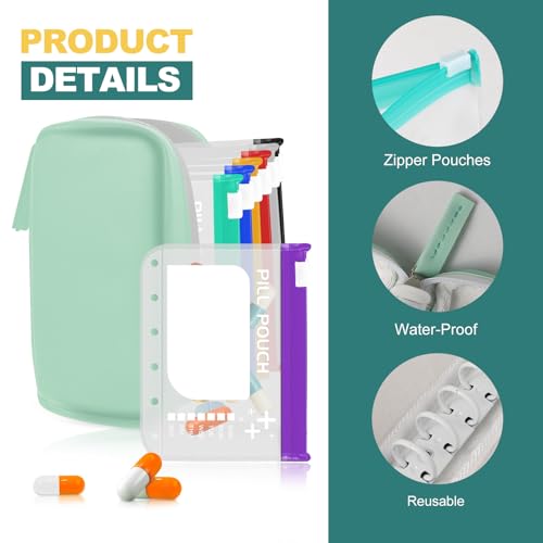 Timueetech A7 Waterproof Pill Organizer with 7 PCS L Size Zippered Pill Pouches for A7 Binder, Large BPA-Free Weekly Medicine Organizer, Color-Coded Reusable Travel Pill Storage System - color: Green