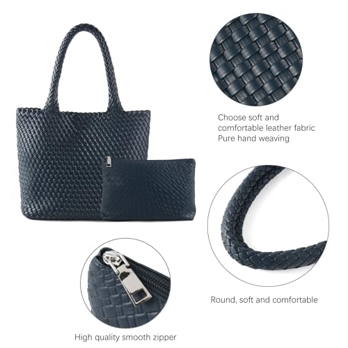 Hand Woven Bag Tote BagS For Women Top Handle Shoulder Vegan Leather Large Travel Beach Hobo Handbag - color: Navy Blue