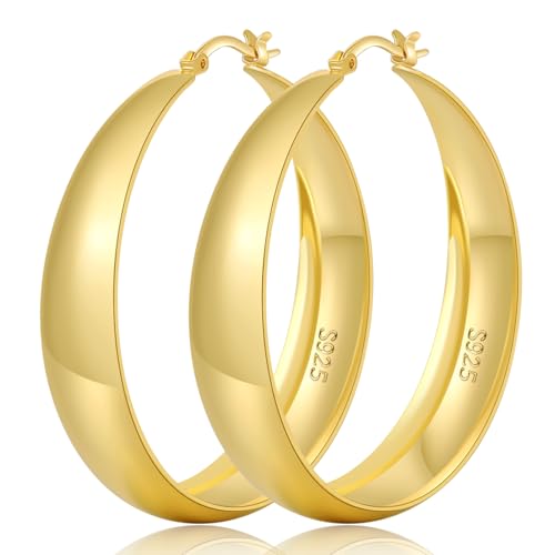 Senteria 12mm Wide Thick Hoop Earrings 925 Sterling Silver Hoop Earrings for Women Hypoallergenic 14K Real Gold Plated Hoops Large Earring Lightweight Chunky Hoops Earring for Women 25/30/40/50MM - color: Gold-40mm