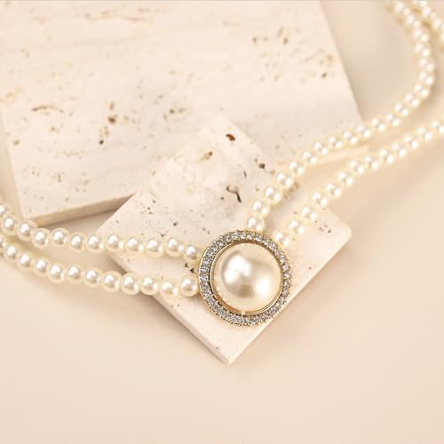 Bethynas Boho Layered Pearl Rhinestones Choker Necklace Vintage Chunky Pearl Crystal Pendant Short Necklace Chain Bridal Prom 1920s Costume Party Jewelry for Women - color: Pearl 3
