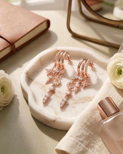 MUMREUES Gold Earrings for Women Trendy 14K Gold Plated Dangle Earrings Small Hoop Huggie Drop Stud Earrings Cubic Zirconia Simple Minimalist Dainty Chain Tassel Hypoallergenic Earrings - color: Celestial & Rose Gold