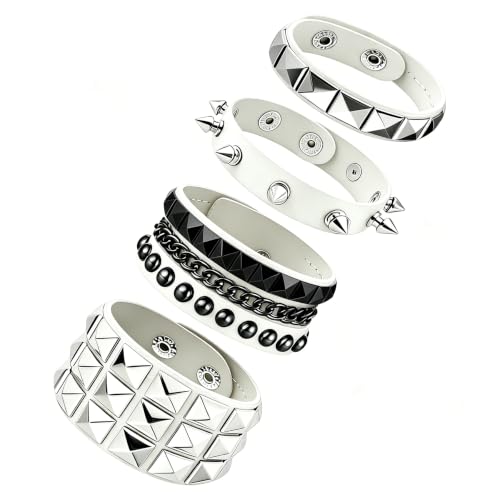 Handmade Black Leather Wrap Studded Bracelets for Women Men, 4Pcs Vintage Punk Wrist Cuff Bangle Wristband Emo Jewelry Gifts - style: White Square Stud Style