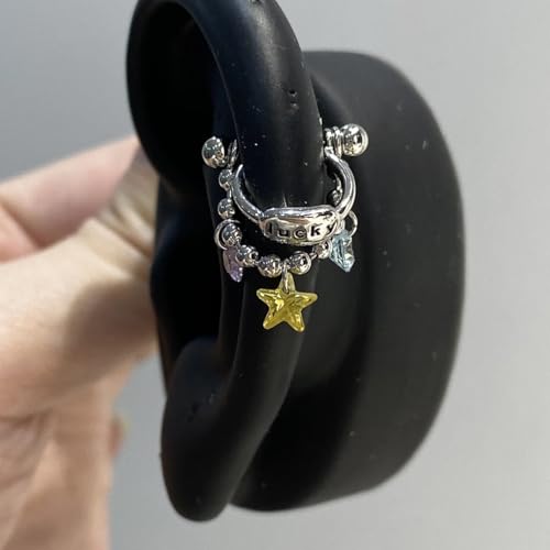 Silver Star Cartilage Huggie Earrings for Women – Crystal Celestial Charm Beaded Chain Dangle Helix Piercing Hoop Earrings, Pink Blue Y2K Vintage Trendy Jewelry Gift - color: 1PCS Silver Star
