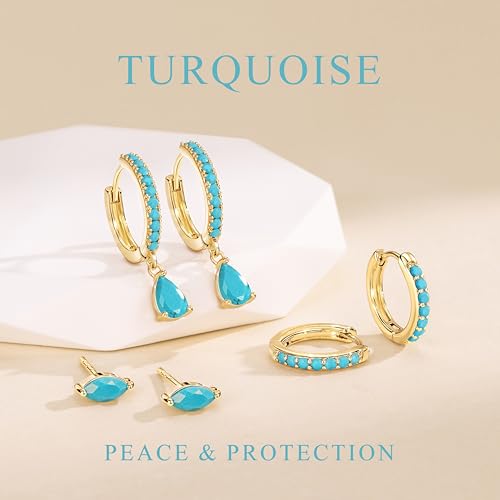 14K Gold Plated Small Huggie Hoop Earrings Set for Women, Hypoallergenic Dainty Sterling Silver Dangle Studs for Cartilage Helix, Lightweight Trendy Cute Stack Birthstone Jewelry Gift - color: Turquoise_Gold