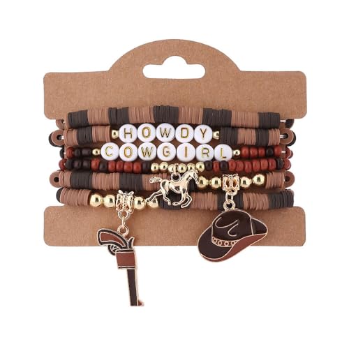 Fuqimanman2020 Boho Western Cowgirl Howdy Stackable Beaded Bracelet Set for Women Western Country Hat Boot Charms Polymer Clay Beads Bracelets Country Concert Rodeo Jewelry Gift - color: Style 2 Brown Hat