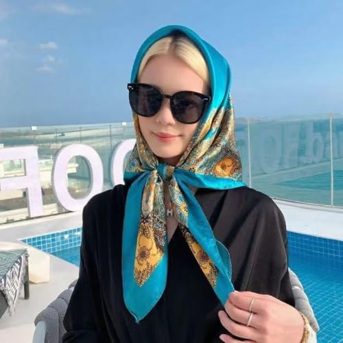 Large Square Head Satin Scarf Silk Feeling Hair Scarf 35"Head Scarves Bandana for Women Headscarfs for Women's Hair - color: C1-blue