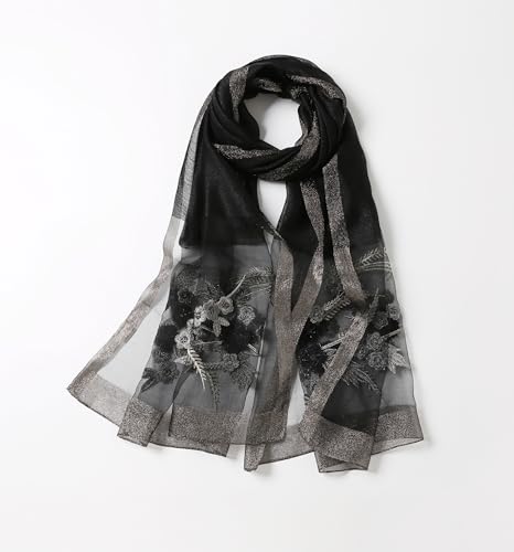 Jeelow Silk Blend Floral Fashion Scarf Shawl Wrap Lightweight Sheer For Women Floral Embroidery Wedding Party Prom - color: Midnight Silver