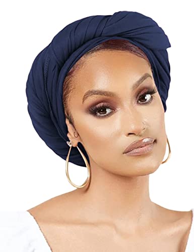 Nonbongoy Head Wraps for Black Women Stretch Headwraps Large Hair Wraps Hijab Scarves for Muslim Head Scarf Turban Headbands - color: 1-navy Blue Headwrap