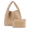 Woven Tote Bag For Women, Large Vegan Leather Travel Handbag, Casual Work Shoulder Bag, Underarm Commuter Hobo Bag With Purse - color: Khaki