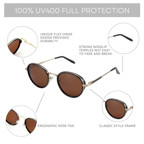ZENOTTIC Retro Round Polarized Steampunk Sunglasses for Men Women-Circle Vintage Design Metal Frame UV400 Shades - color: C04 Gold Frame Brown Lens