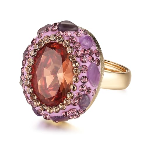 HZMAN Crystal Ring for Women Retro Antique Rhinestone Ring Cubic Zirconia Gold Plated Turkish Ring Jewelry Gift - color: Amber-Oval
