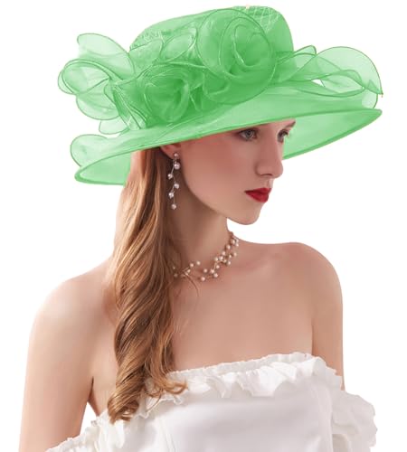 ORIDOOR Women’s Organza Church Tea Party Wedding Fascinator Derby Hat Wide Brim Sun Hats - color: D9-mint Green