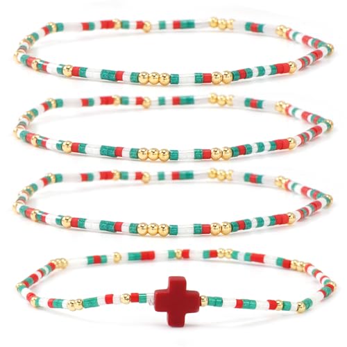 Gold Colorful Beaded Cross Bracelet Stack Set for Women,Handmade Bohemian Seed Beads Stacked Bracelets Fashion Holiday Jewelry Gift - color: Christmas