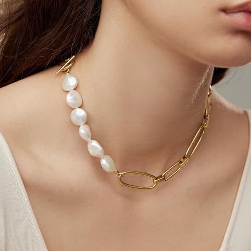 ARSIS 18K Gold Plated Shell Pearl Necklace for Women, 35"/45" Long Dainty Pearl Layering Necklace Beaded Choker, Vintage Boho Strand Necklace Vacation Jewelry Gift for Birthday Anniversary Party - color: 42cm Baroque Pearl