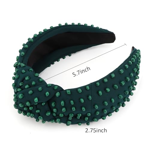 YISSION Emerald Dark Green Dense Beaded Knotted Headband for Women, Wide Padded Top Knot Headband, Non Slip Comfortable Fashion Hairband for Daily Wear, Party, Wedding - color: Dark Green