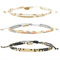 Boho Beaded Strand Friendship Bracelets set for Women,Adjustable Dainty Handmade Stackable White Gray Black 3PCS Couples String Rope Bracelet Bohemia Jewelry Gift