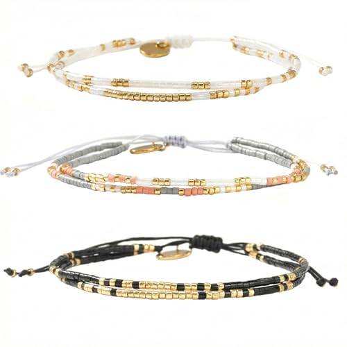 Boho Beaded Strand Friendship Bracelets set for Women,Adjustable Dainty Handmade Stackable White Gray Black 3PCS Couples String Rope Bracelet Bohemia Jewelry Gift