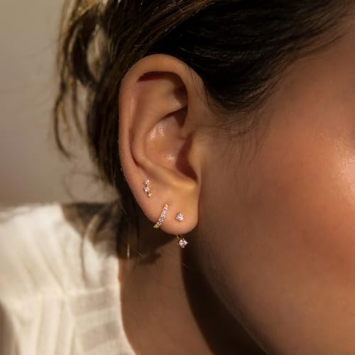 3 Pairs Dainty Small 4th of July Earrings for Women Trendy, Birthstone Stud Huggie Hoop Jacket Stack for Cartilage Helix, Gold Plated Hypoallergenic Cute Women Fashion Accessories Western Jewelry Gifts - color: 06Purple Created Alexandrite-June (Gold)