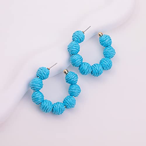 Raffia Hoop Earrings Statement Boho Beaded Earrings Cute Rattan Handmade Colorful Jewelry for Women Unique Summer Outfits - color: Blue