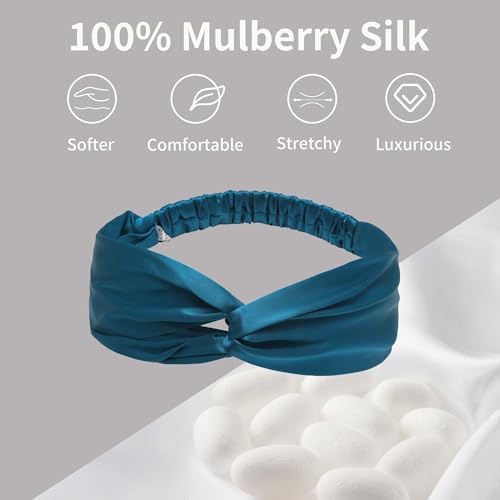 ZLYC Mulberry Silk Headband Elastic Twist Knotted Head Bands for Women's Hair, Solid Mineral Blue - color: Solid Mineral Blue